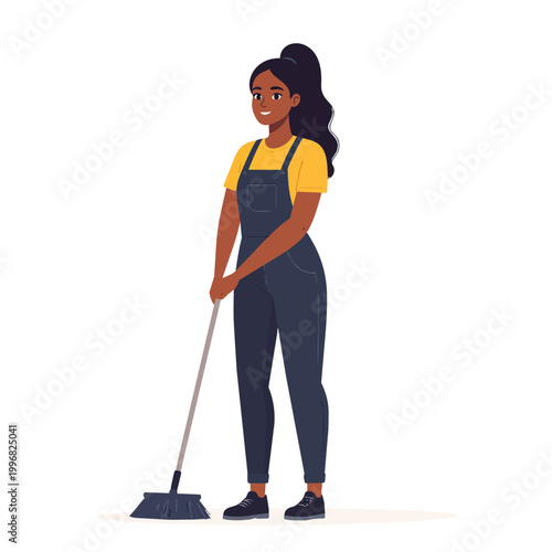 A professional cleaning worker or housewife standing on the home floor with a vacuum cleaner and mop while performing housework
