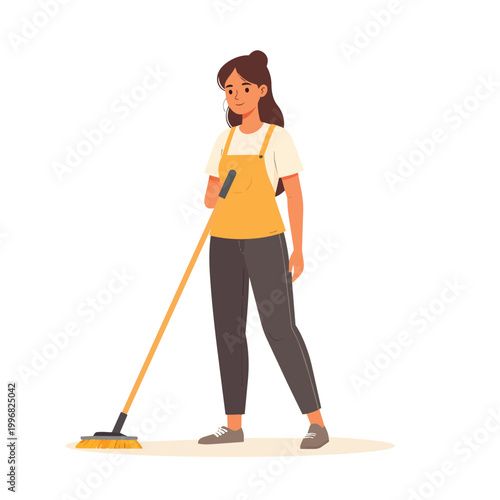 A beautiful businesswoman and housewife worker using a vacuum and mop to clean the home floor while carrying a suitcase and luggage bag