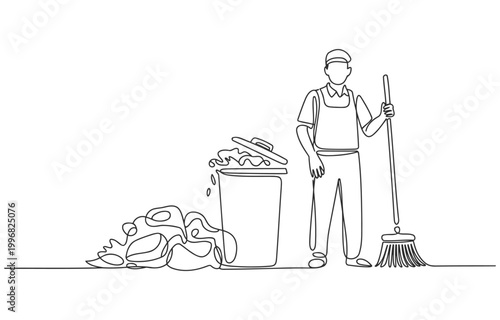 Vector illustration of a worker with a broom and large trash container filled with waste line art white background single line sweeping cleaning collection maintenance illustration activity