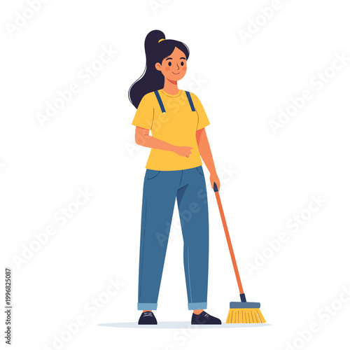 A professional worker and a housewife use a vacuum cleaner and a mop to clean the floor of a modern home in this flat vector illustration of people doing household work