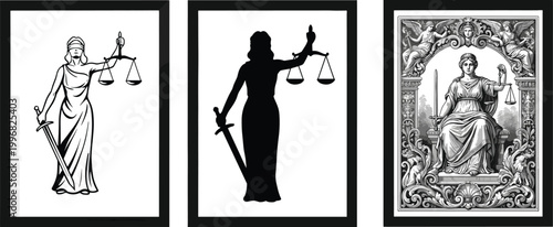 Lady Justice illustration set featuring line art, silhouette and ornate engraving styles with scales and sword, symbolizing law, balance, and fairness