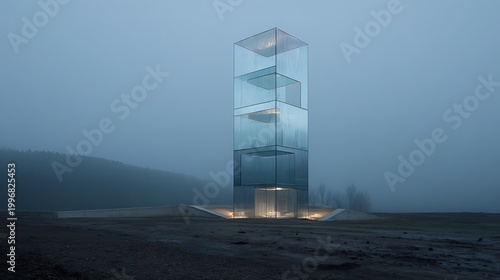 Futuristic Glass Tower Concept Building in a Foggy Landscape.