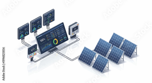 Solar panel system with monitoring screens.