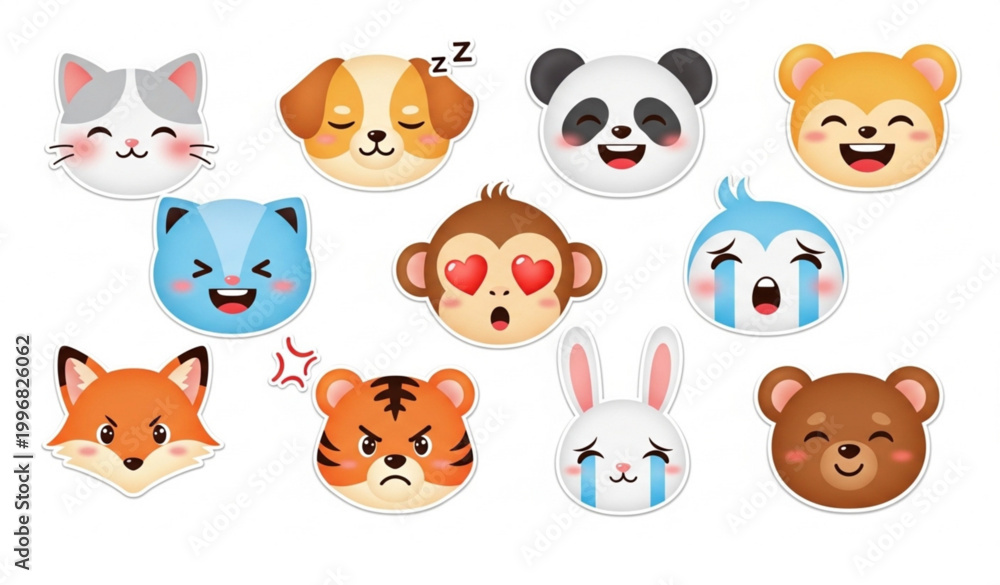 Fototapeta premium Kawaii animal face sticker set with cute emoticon expressions vector illustration for chat emojis isolated on white
