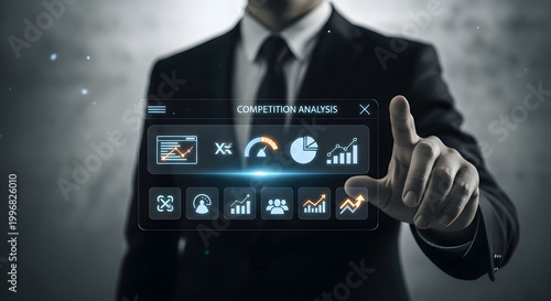 Business professional analyzing AI competition data on futuristic digital interface with growth metrics