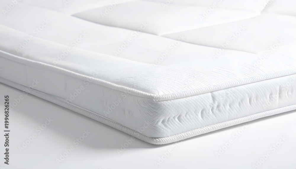 Fototapeta premium Close-up of a clean white mattress with stitched edges on a white background.