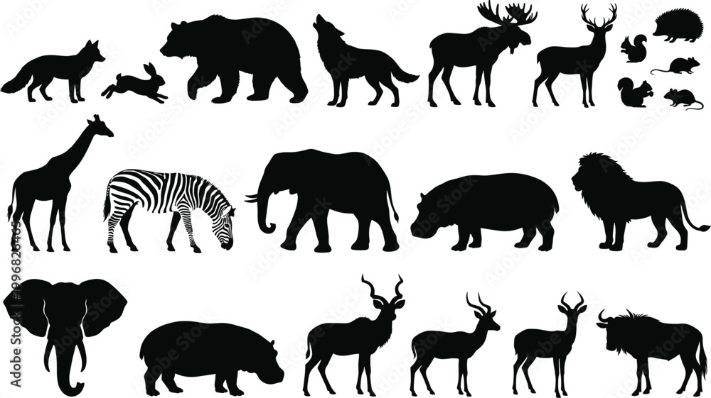 Fototapeta premium Wild animal silhouettes collection featuring bear wolf deer elephant giraffe lion and safari species vector set