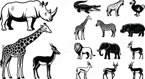 Wildlife animal illustration set featuring rhino giraffe lion elephant zebra and safari species detailed vector collection