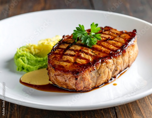 Close-up of a grilled steak, served on a white plate with mashed peas and sauce. Parsley garnish