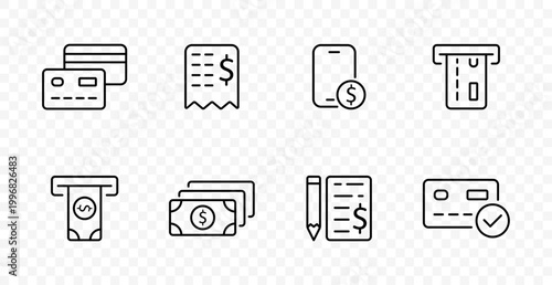 Payment finance set icon. Credit card, receipt bill, mobile payment, atm withdrawal, cash stack, contract invoice, verified card, transaction process