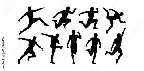 A collection of athletic silhouettes showcasing various dynamic poses of jumping and running, conveying energy and motion in a clean and simple design.