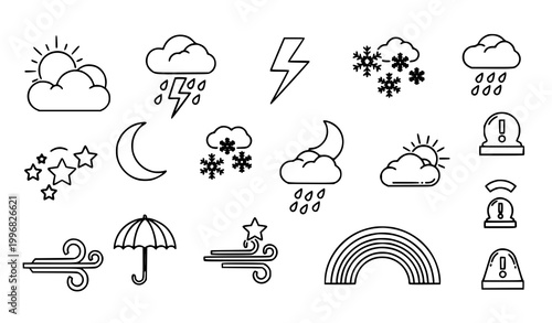 Modern weather line icons collection scattered layout editable stroke climate and forecast symbols vector pack