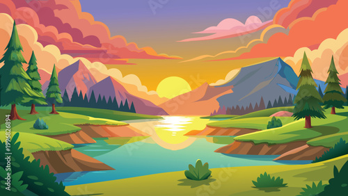 Beautiful landscape with a peaceful river flowing between mountains at sunset with colorful sky