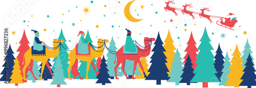 Santa claus rides through night sky with reindeer on christmas eve with trees and crescent moon in background scenery