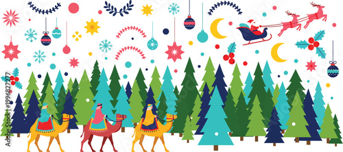 Santa claus and reindeer flying over a forest of pine trees on a merry christmas night with colorful decorations