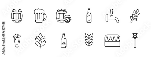 Beer set icon. Wooden barrel, frothy mug, bottle, tap faucet, hop branch, wheat ear, six pack crate, opener, brewing beverage, alcohol festival.