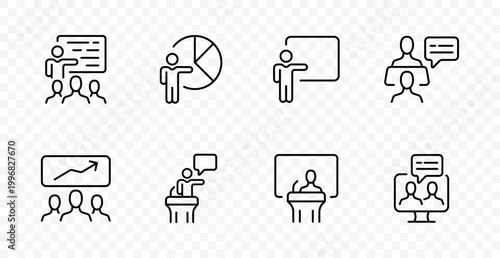 Presentation meeting set icon. Speaker board, data chart talk, teaching panel, team discussion, growth report, public speech, conference communication