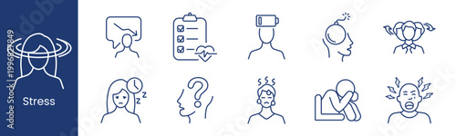 Stress set icon. Collection with speech bubble arrow, checklist heart, battery head, headache profile, shouting person, sleepy face, question head, tired worker, anxious posture.