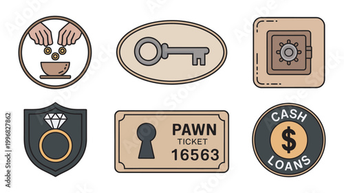 Pawn shop and loan service emblems with money key safe ring and ticket icons, vector illustrations, EPS editable set, clean financial collateral and lending badge design