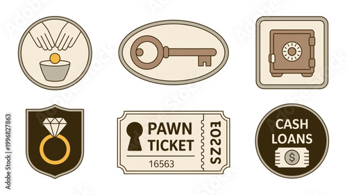 Pawn shop and loan service emblems with money key safe ring and ticket icons, vector illustrations, EPS editable set, clean financial collateral and lending badge design