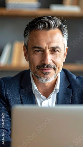 Businessman working on laptop computer.