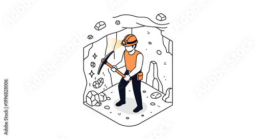 Miner digging for precious gems with pickaxe.