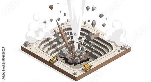 Explosion in open pit mine with heavy machinery.