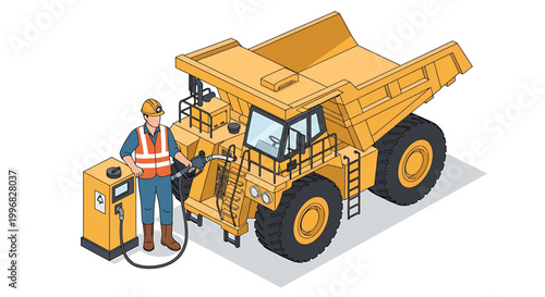 Worker refueling large yellow mining dump truck at fuel station.