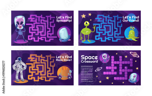 Space maze puzzle game for kids cartoon flat illustrations set. Astronaut aliens. Children learning. Cosmic labyrinths brain teaser 2D images isolated on white. Collection vector drawings colorful