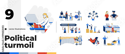 Political turmoil and social inequality cartoon flat illustrations bundle. Migration control. Homelessness and economic imbalance 2D images isolated on white. Collection vector drawings colorful