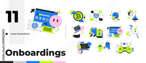 Digital lifestyle and technology neubrutalism cartoon flat illustrations bundle. Cryptocurrency productivity. Gaming emailing 2D images isolated on white. Collection vector drawings colorful