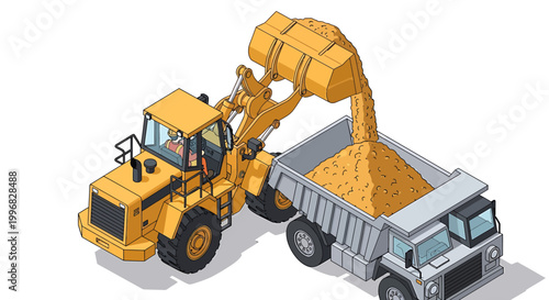 Yellow front loader dumping sand into a dump truck.