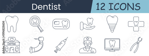 Dentist set icon. Tooth, loupe, card, handcare, implant, cross, clinic, drill, syringe, doctor, monitor, pliers, dentistry, hygiene, orthodontics, treatment, healthcare, smile