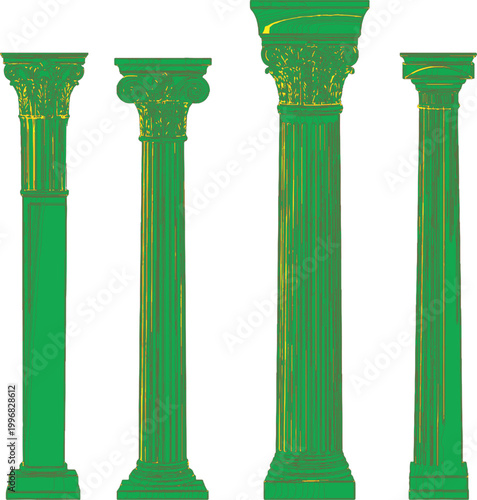 Columns stand in a row showcasing classic architectural styles with detailed capitals and fluted shafts rendered in vibrant green.