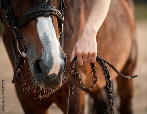 Close-up of a brown equine head with a white blaze, bridle, and a hand holding reins. Soft sunlight
