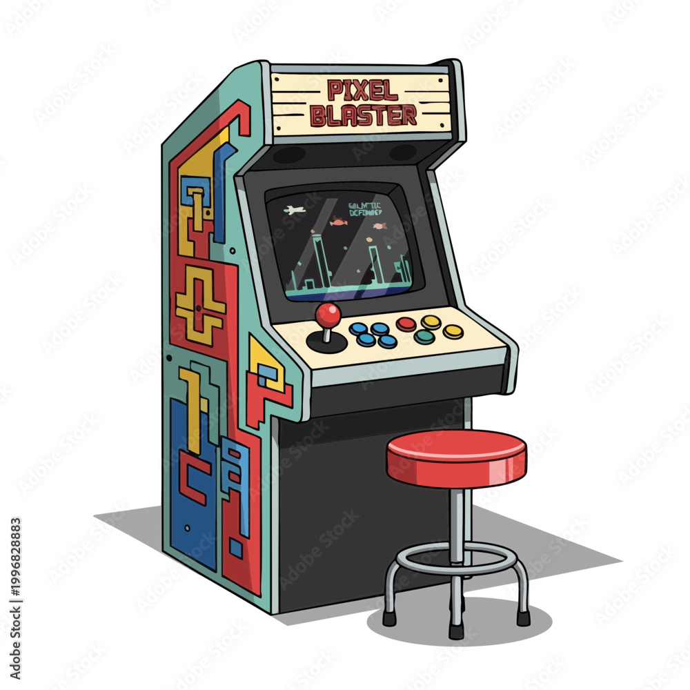 Naklejka premium Retro Pixel Blaster Arcade Machine and Red Stool Vector