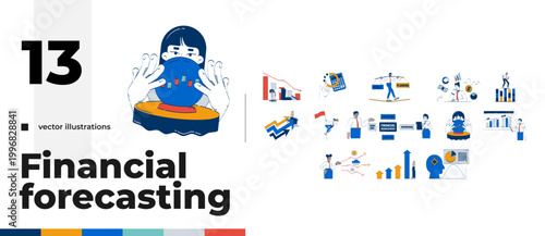 Financial forecasting strategy and planning cartoon flat illustrations bundle. Trend prediction. Seasonal revenue. Business analytics 2D images isolated on white. Collection vector drawings colorful