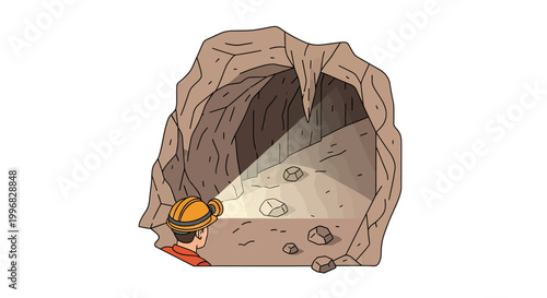 Explorer discovers ancient artifacts in dark cave with flashlight.