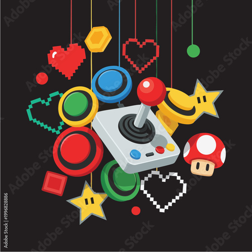 Retro Arcade Joystick and Gaming Symbols on Black Background
