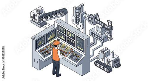 Industrial Control Room with Operator and Automated Machinery.