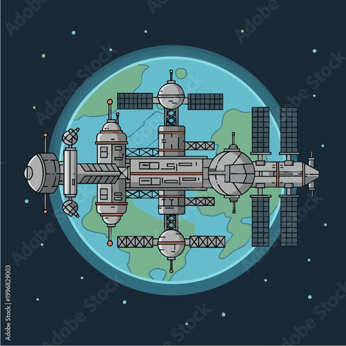 Retro sci-fi space station orbiting planet Earth in deep space