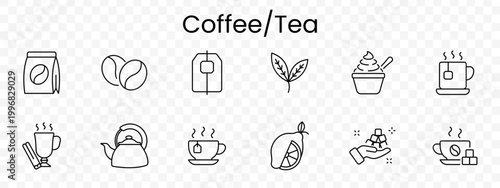 Coffee tea set icon. Outline beverage elements, coffee bag, beans, teabag, leaf, cupcake, hot mug, cinnamon drink, kettle, teacup, lemon slice, sugar cubes, espresso cup.