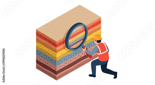 Geologist Examining Stratified Earth Layers with Magnifying Glass.