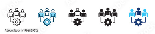 Three people with gear icon set. Icon symbol usable for: management, teamwork, organization, system, process, collaboration, coordination, leadership, workflow. Vector illustration