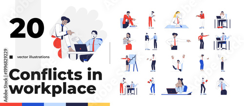 Workplace conflict and office dispute cartoon flat illustrations bundle. Diverse employees arguing and expressing problem around desk 2D images isolated on white. Collection vector drawings colorful
