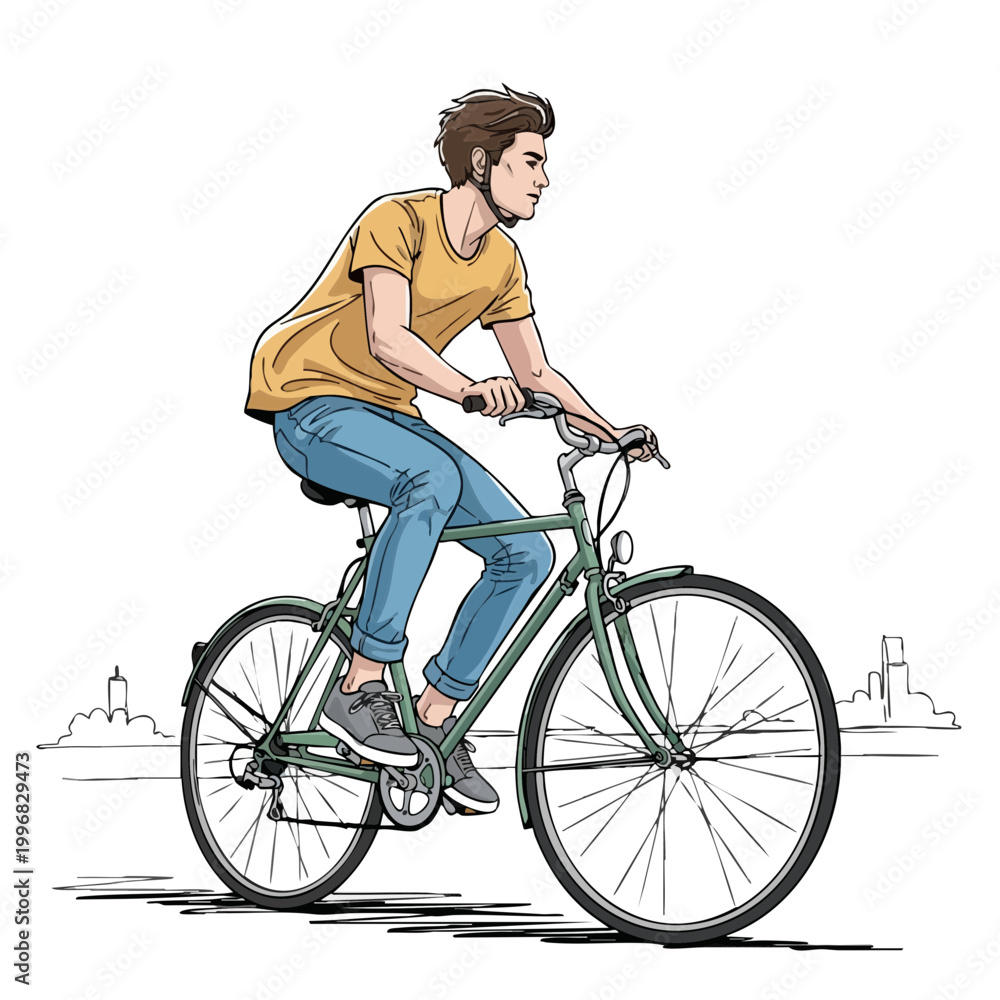 Naklejka premium Hand drawn illustration of a young man riding a green city bicycle