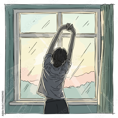 Hand-Drawn Illustration of a Woman Stretching by a Window at Sunrise