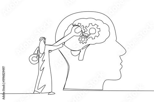 Continuous line drawing of attractive young Arabian man in traditional dress repairs brain gears, representing health concept for global medical guidebook or cultural principle book cover illustration