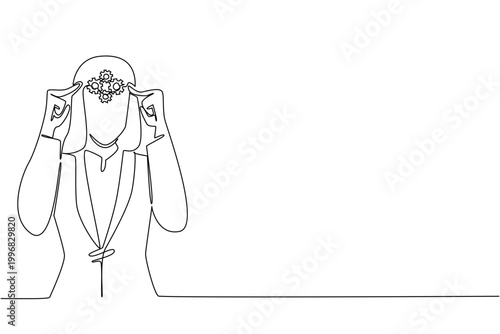 One line drawing of businesswoman in blazer suit holding her head with internal gears spinning to process mind. Business science concept is suited for medical neurology scientific research paper