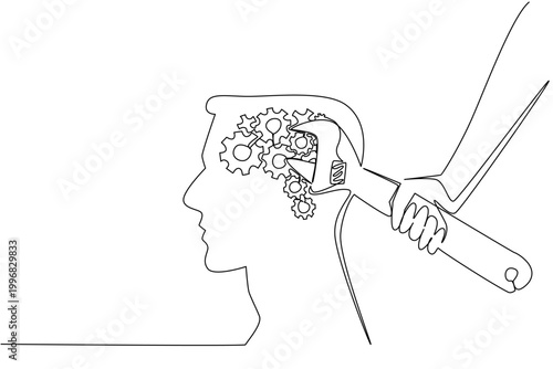 Single line drawing of hand using wrench on gears inside head within man profile to fix thoughtful error. Business industry concept is ideal for a technical manual or business proposal for repair